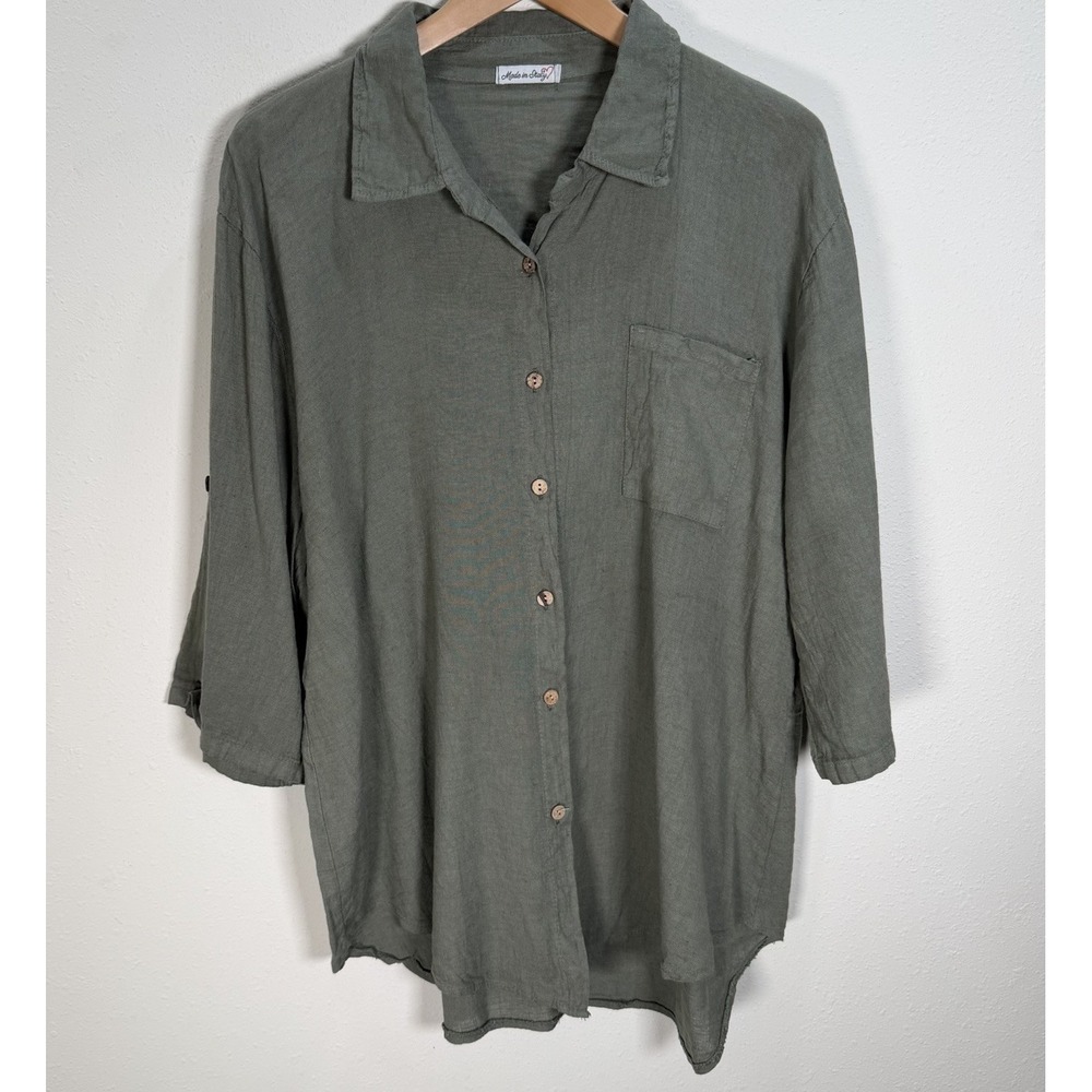 Prospero ITALY Tunic Shirt 100% Linen Womens Button Up Lagenlook Sage Green